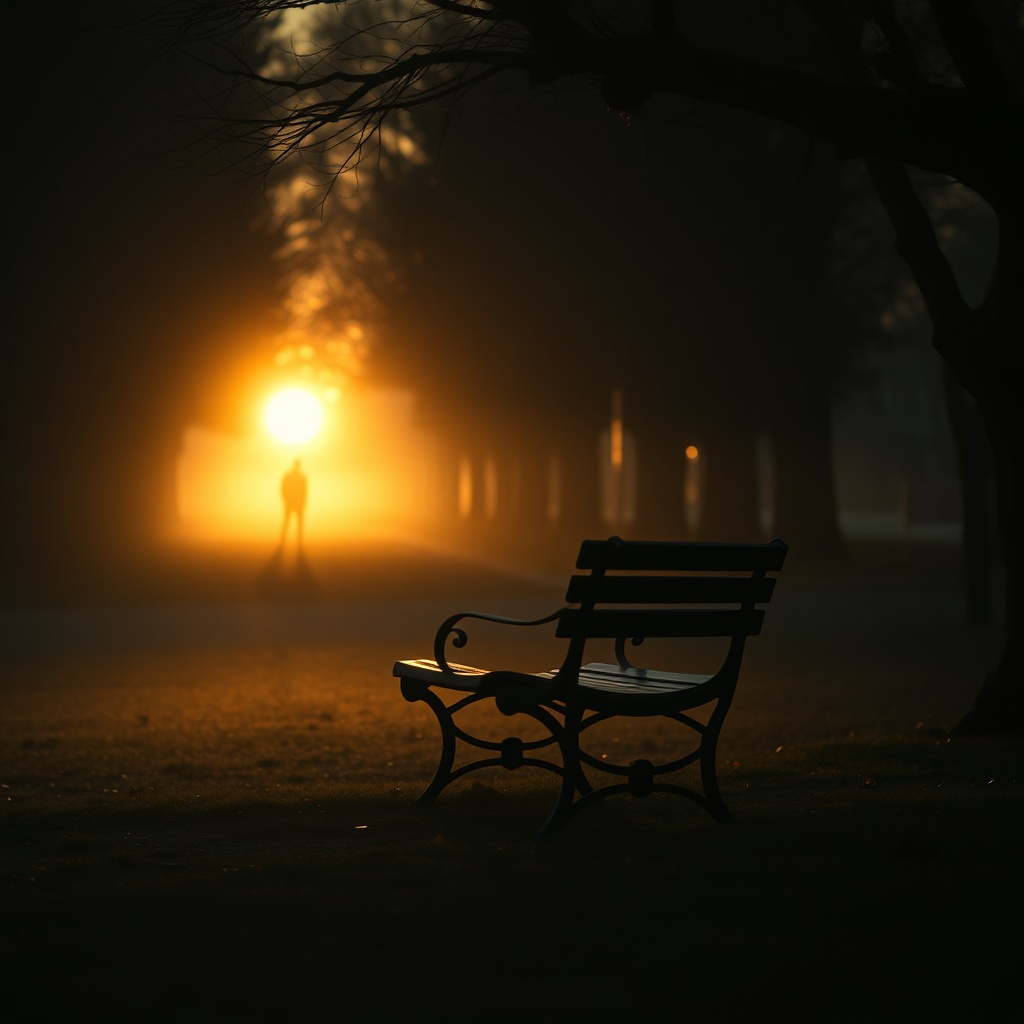 A quiet park bench at dawn with a thin mist lifting, a single figure in the dist