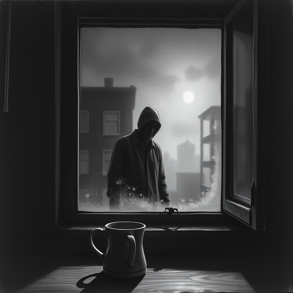 Dark charcoal horror illustration, a small rural kitchen window at night with fr