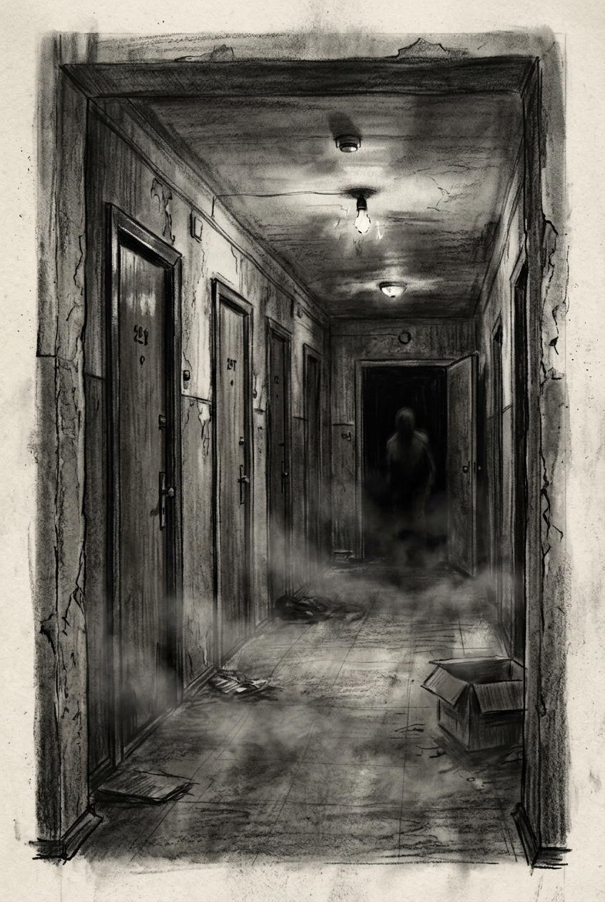 Dark charcoal horror illustration of a long apartment hallway with flickering ce