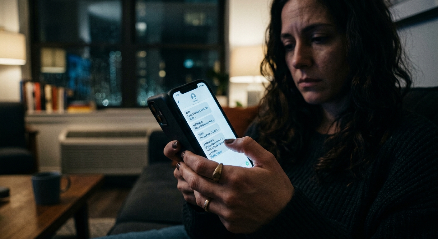 A phone screen showing a message thread half-hidden by someone's thumb nervously