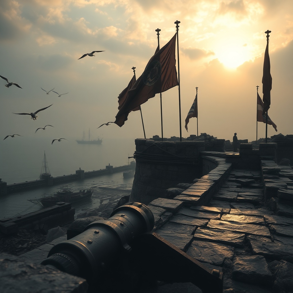 Dawn after battle on a shattered bastion overlooking a calm harbor, torn flags w