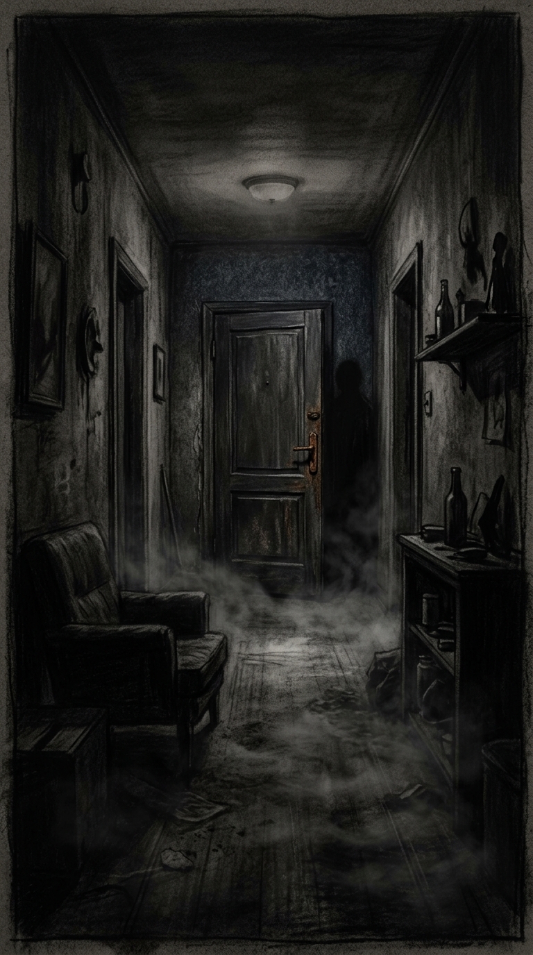 Dark charcoal horror illustration of a small rented apartment interior, a mismat