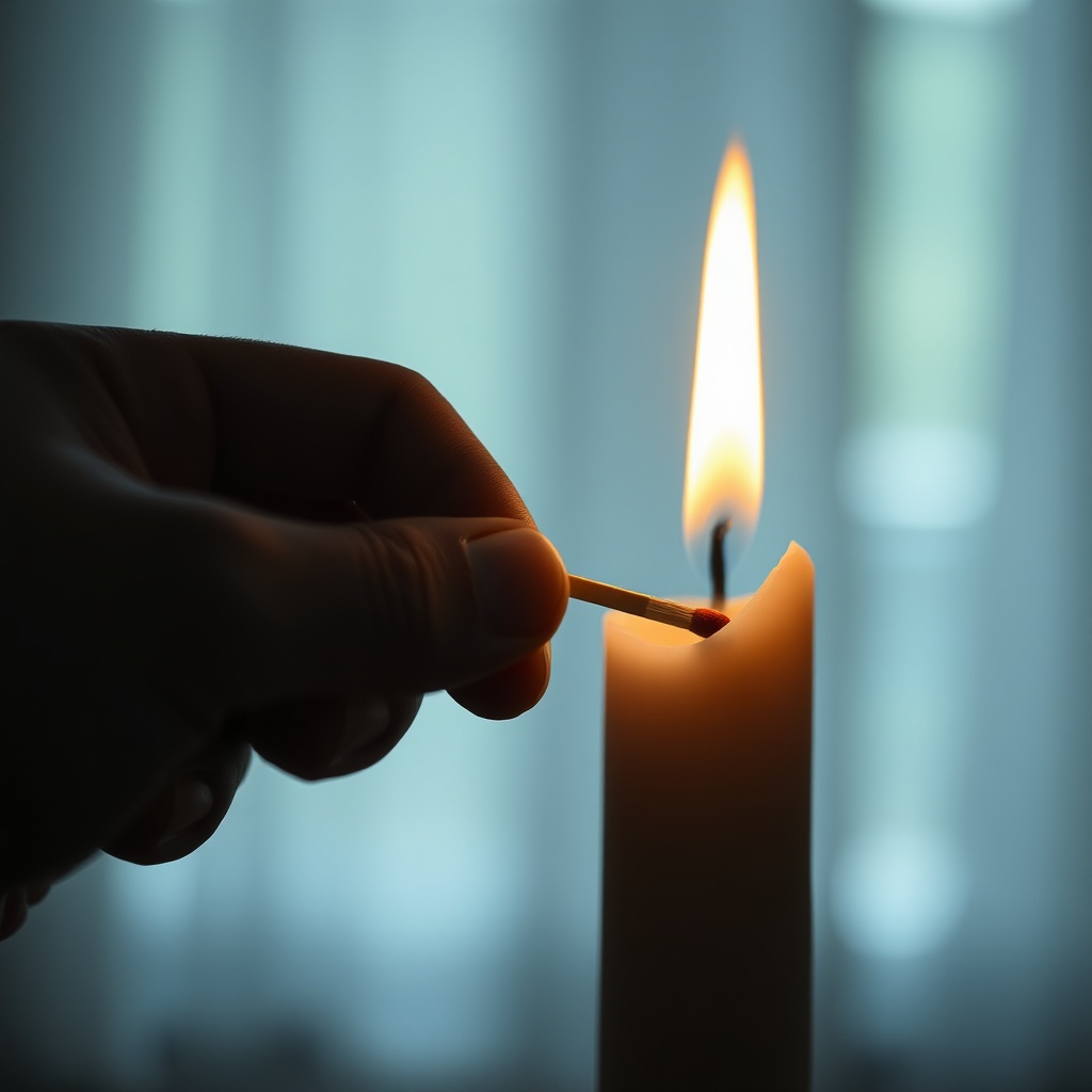 A hand holding a match near a candle wick, the moment before ignition, close-up 