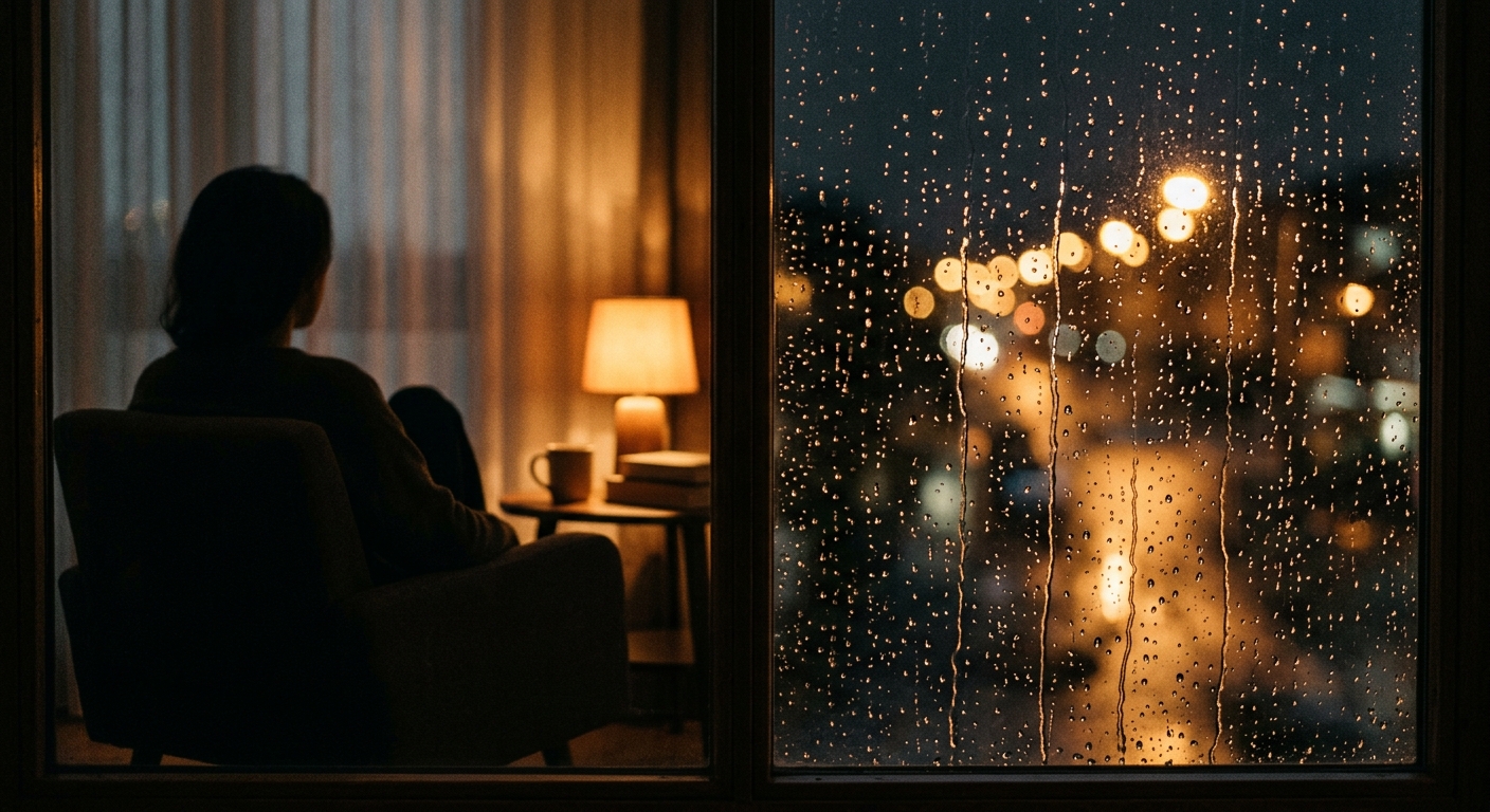 A rainy window with soft droplets in focus, outside a blurred streetlight glow, 
