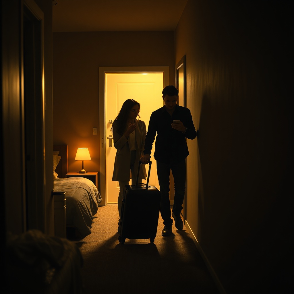 Bedroom doorway view, woman dragging a suitcase past a man standing frozen, warm