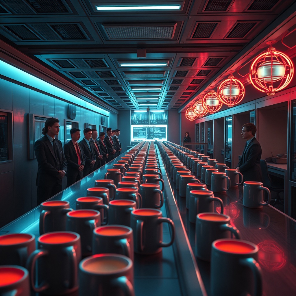 A futuristic office coffee bar with dozens of identical mugs on a counter, each 