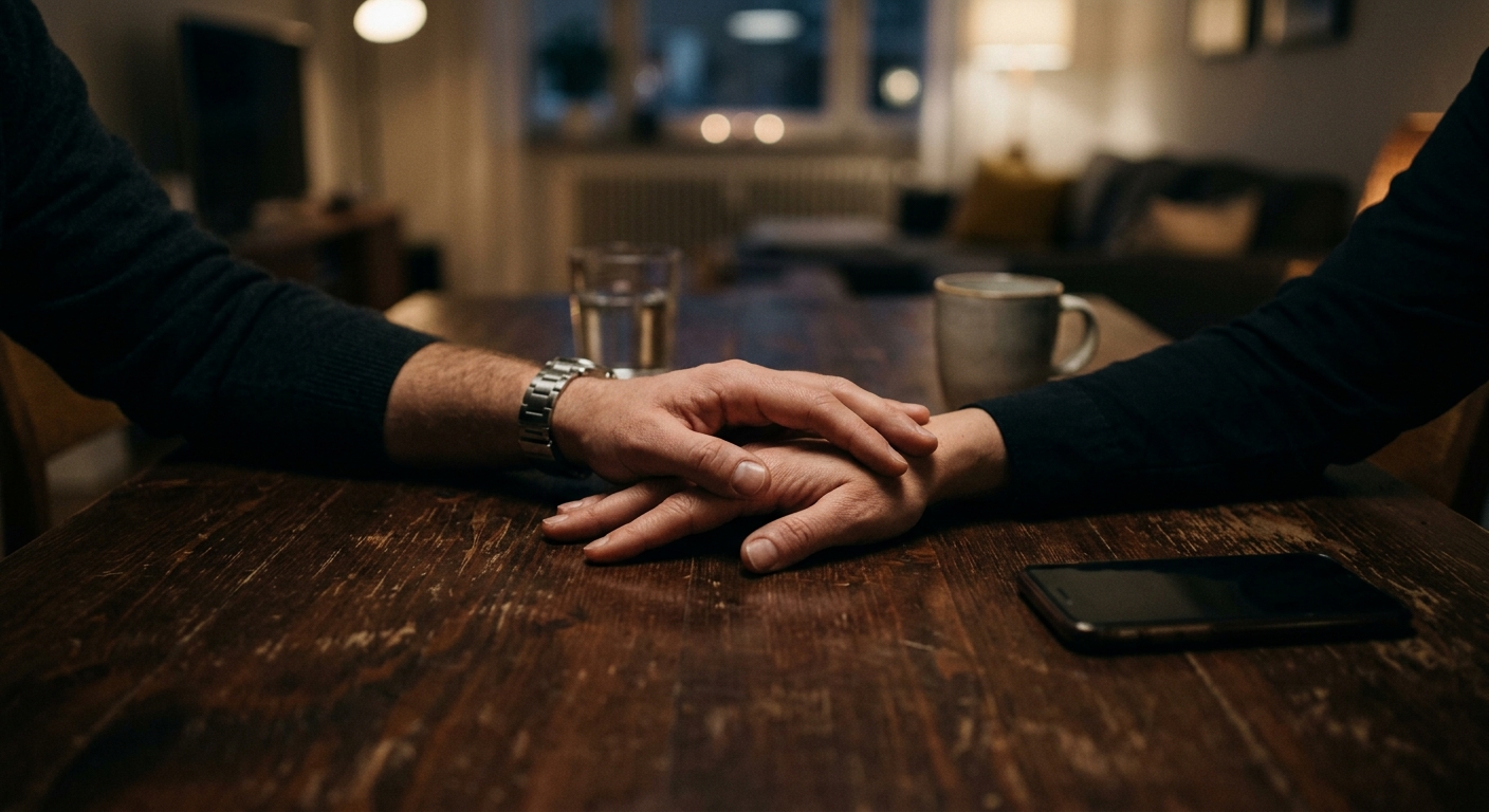 A close-up shot of their hands lying on the table, tension in the angle, a silen