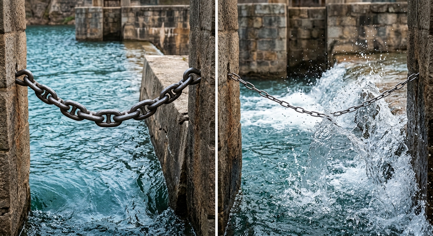 A split-frame visual metaphor: a sturdy chain with multiple thick links labeled 