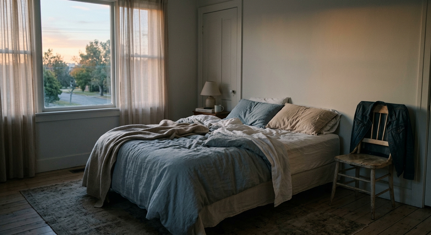 A quiet bedroom at dawn with pale morning light spilling onto an unmade bed and 