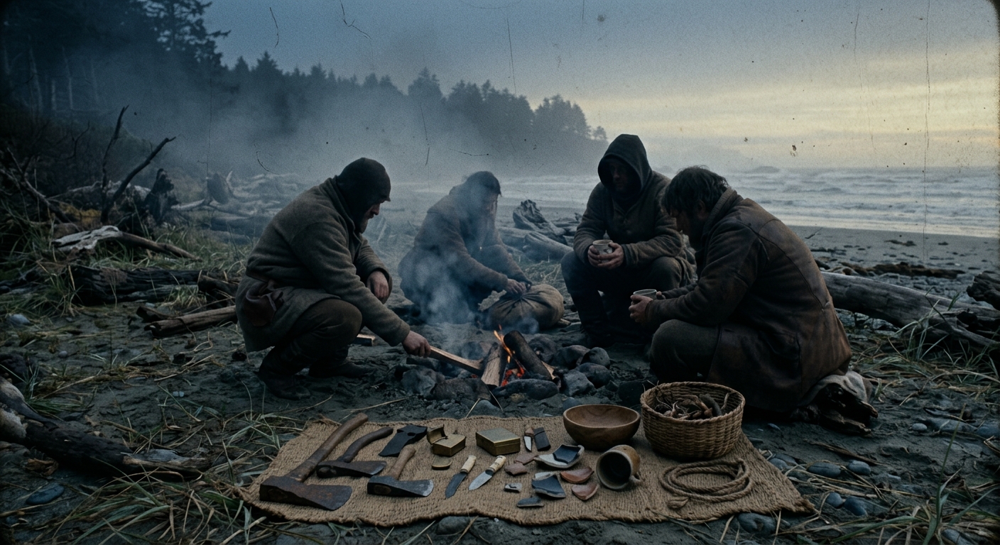 A dim, smoke-hazed shoreline camp at dawn with anonymous figures around a low fi