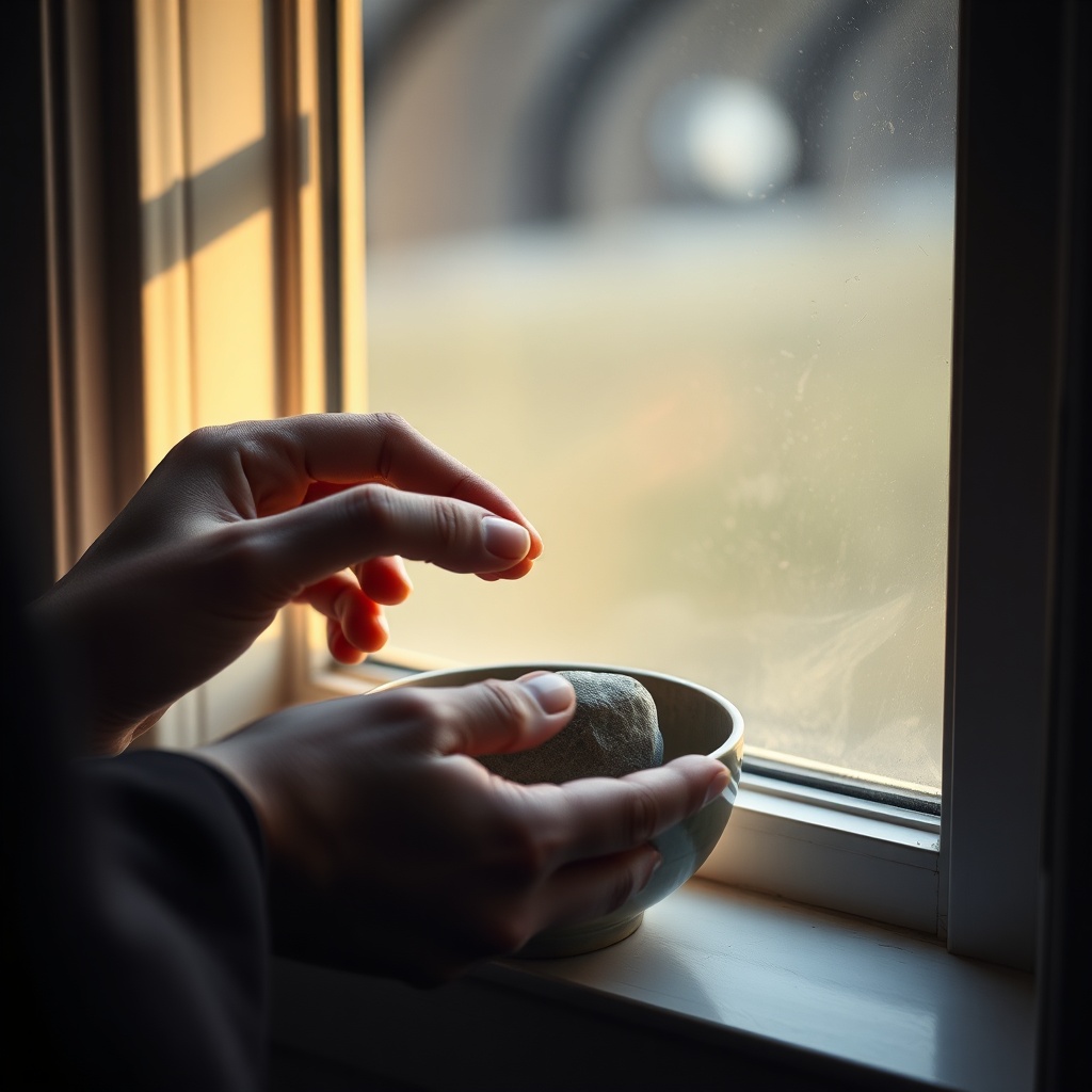 A close-up of hands placing one smooth stone into a small bowl on a windowsill, 