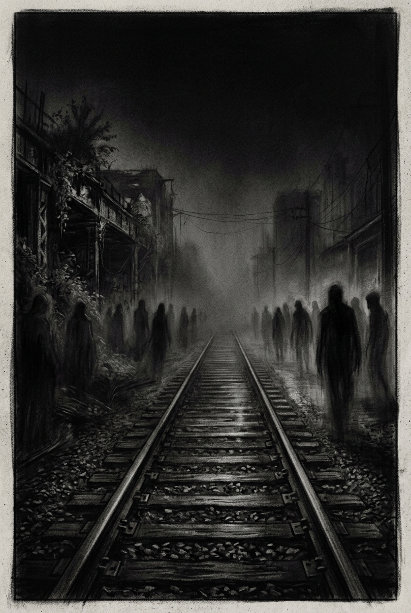 An eerie view of the fog-covered train tracks receding into the night, lined wit