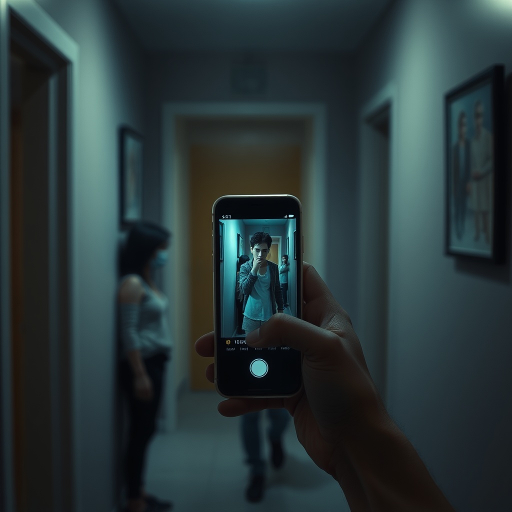 Close-up of a phone held at chest height recording in a dim hallway, blurred ten