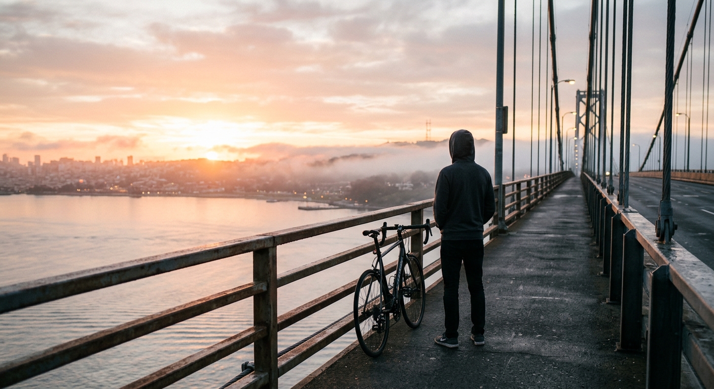 A solitary figure in a hoodie standing with a bicycle at the edge of a sunrise-l