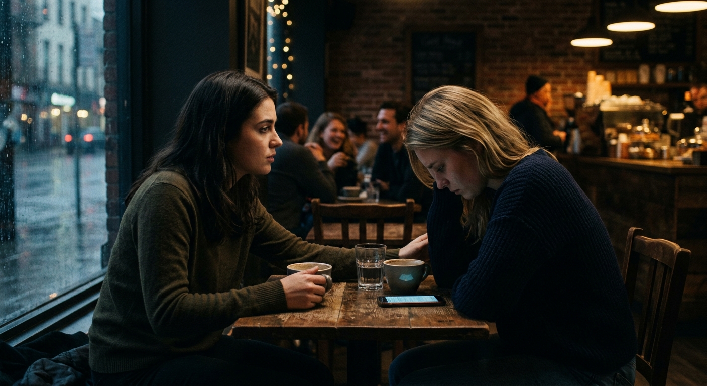 The café’s ambient glow captures a profile of the two women. One is listening in