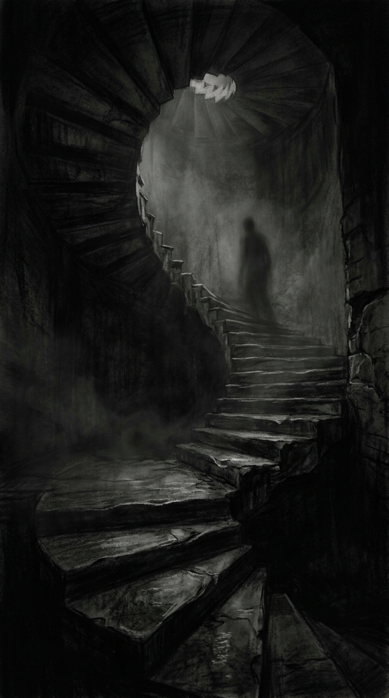 A spiraling stone staircase winding upward, dark and disorienting, thick shadows