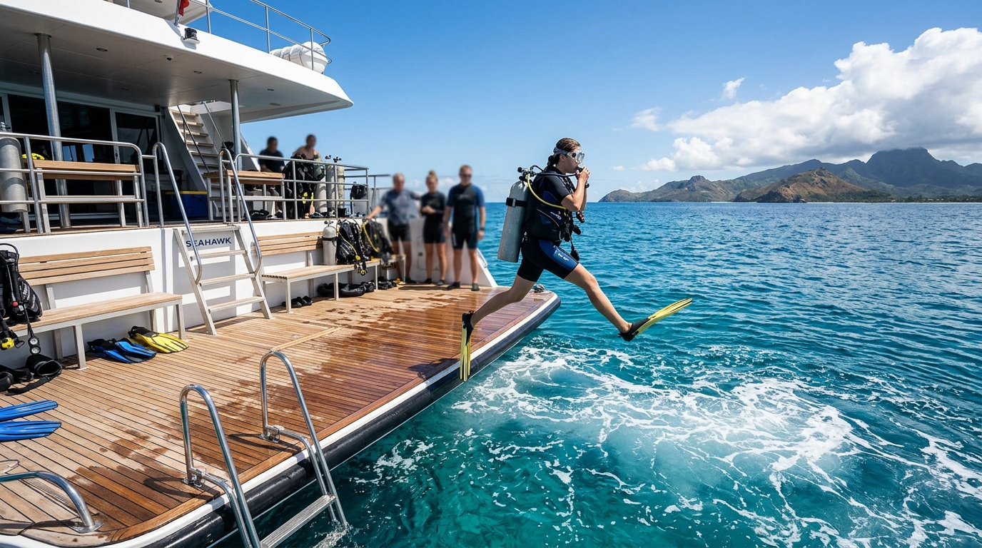 Wide shot of a large dive boat swim platform with a diver doing a forward giant-