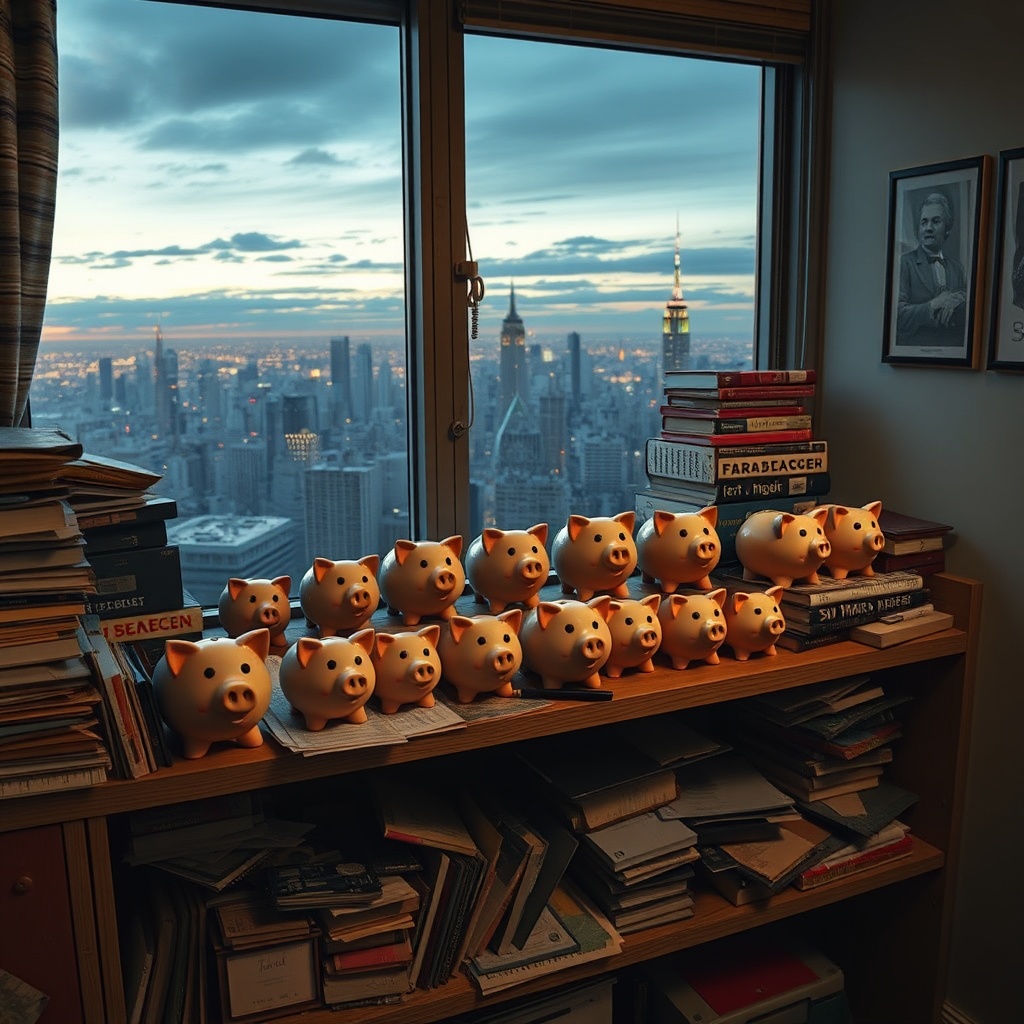 Wide shot of a cluttered apartment shelf with multiple piggy banks of wildly dif