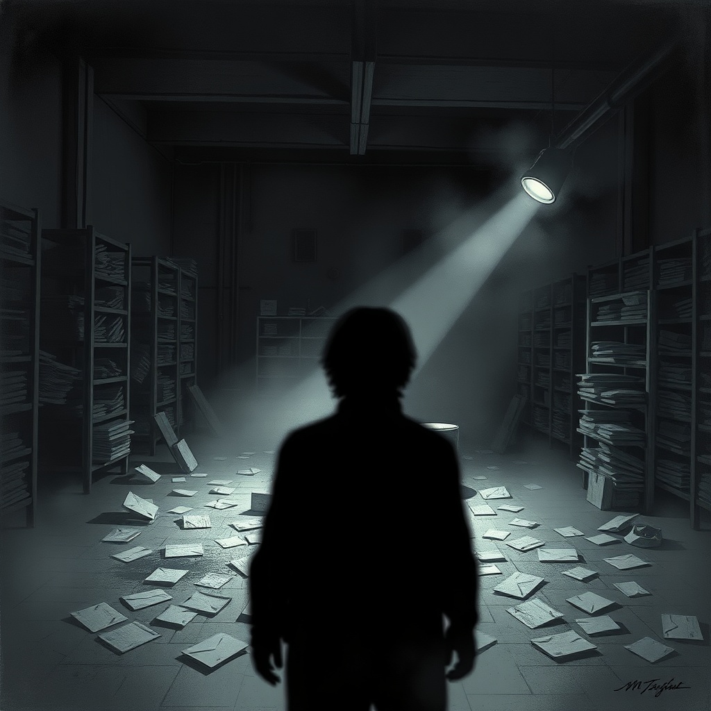 Dark charcoal horror illustration of a dusty mail sorting room with toppled wood