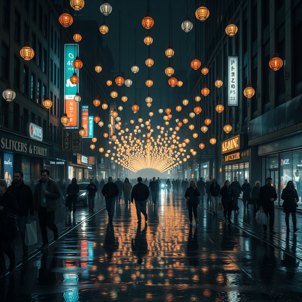 Nighttime city street in the rain, hundreds of pedestrians with varied pendant g