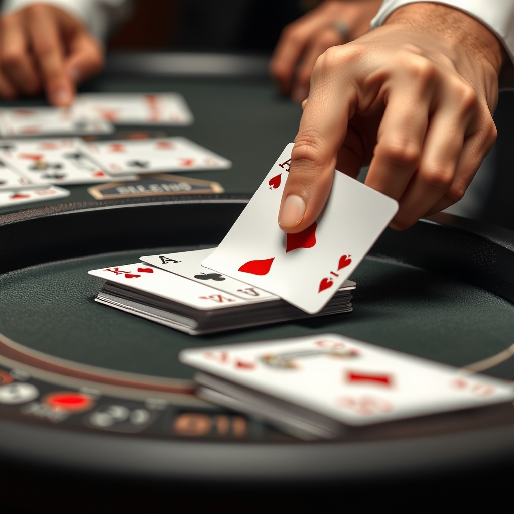 A close-up of a blackjack discard tray with cards neatly stacked, and a dealer’s