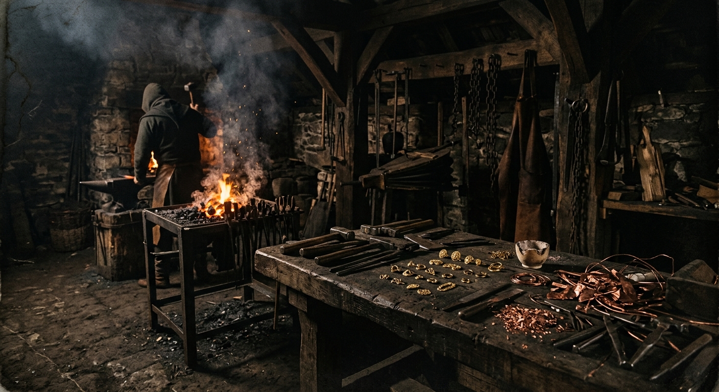A shadowy ancient workshop interior with a brazier glowing, metal tools on a ben