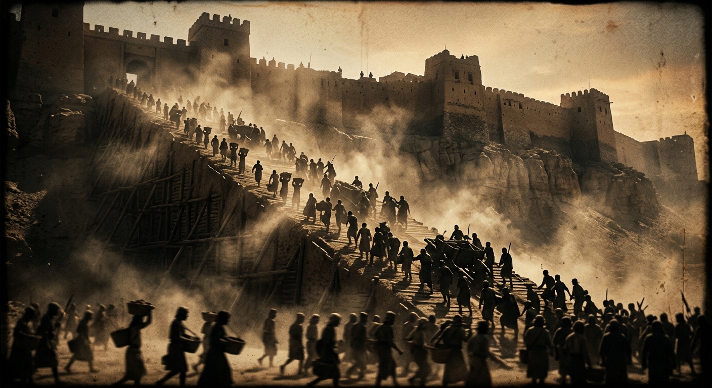 A dramatic wide shot of an enormous ancient siege ramp climbing toward fortress 