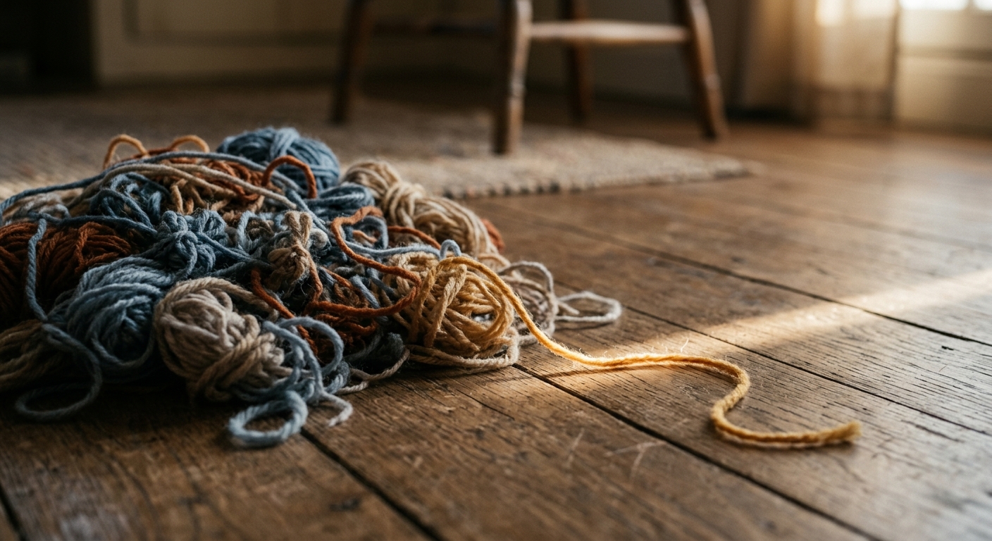 Close-up of tangled yarn on a wooden floor with one loose end catching a beam of