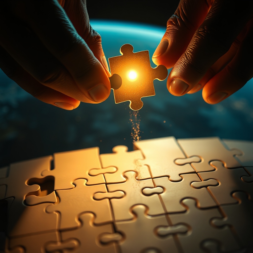 Close, dramatic vertical shot of hands hovering a puzzle piece over a half-finis