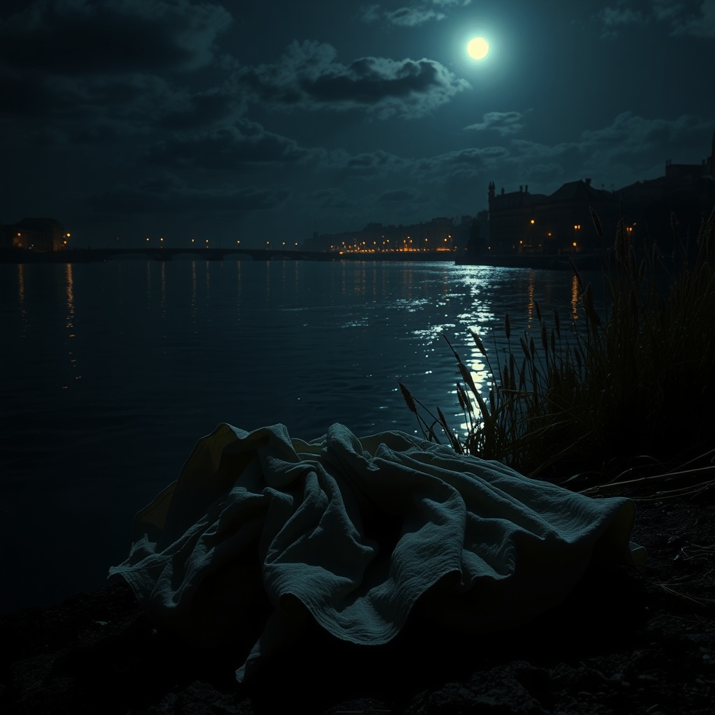 Nighttime riverbank on the Tiber, moonlight on dark water, a tangled bundle of p