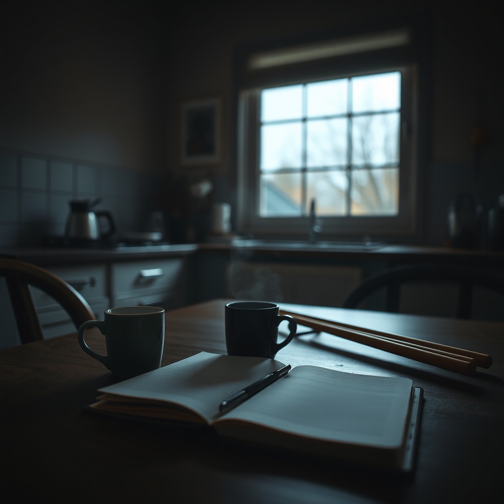 A quiet kitchen table at dawn with a steaming mug beside an unopened notebook an
