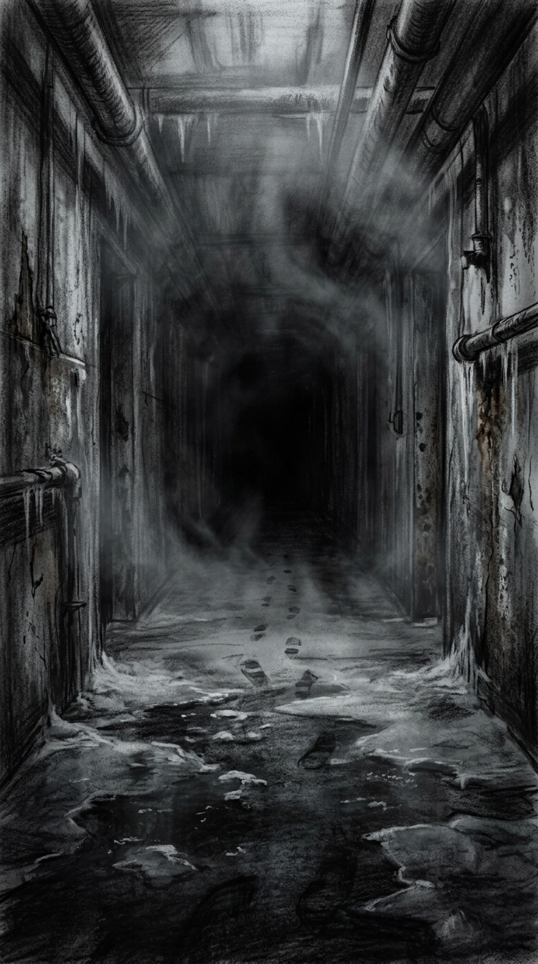 A long icy corridor receding into utter darkness, reminiscent of human footsteps