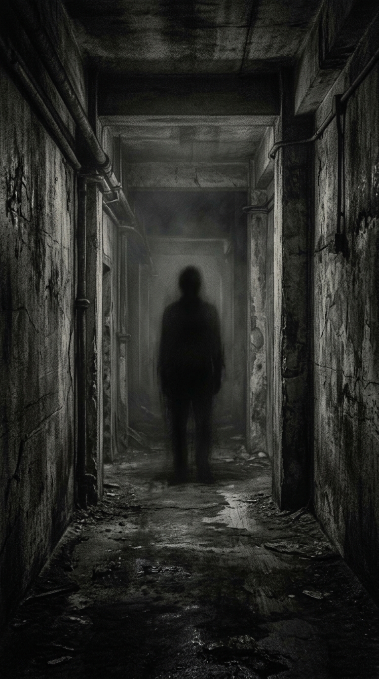 A dark silhouette standing motionless in a dimly-lit concrete corridor, its edge