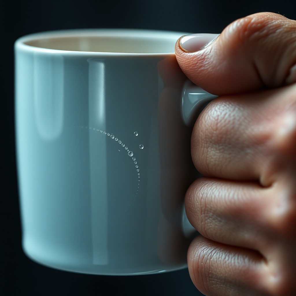 Close-up of a hand gripping a mug handle, skin pores and tiny sweat beads visibl