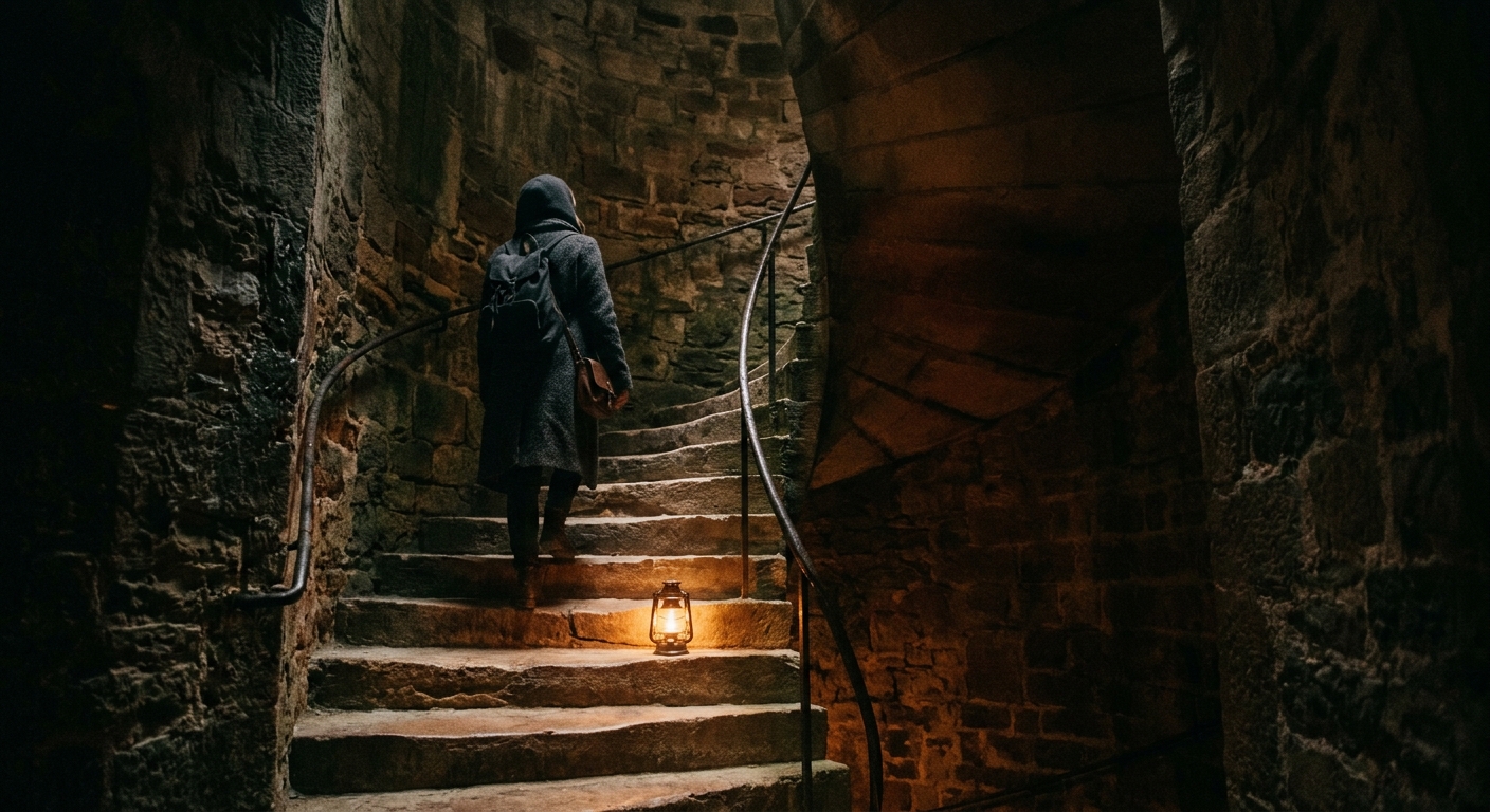 A narrow spiral staircase inside an old stone tower, one small lantern casting w
