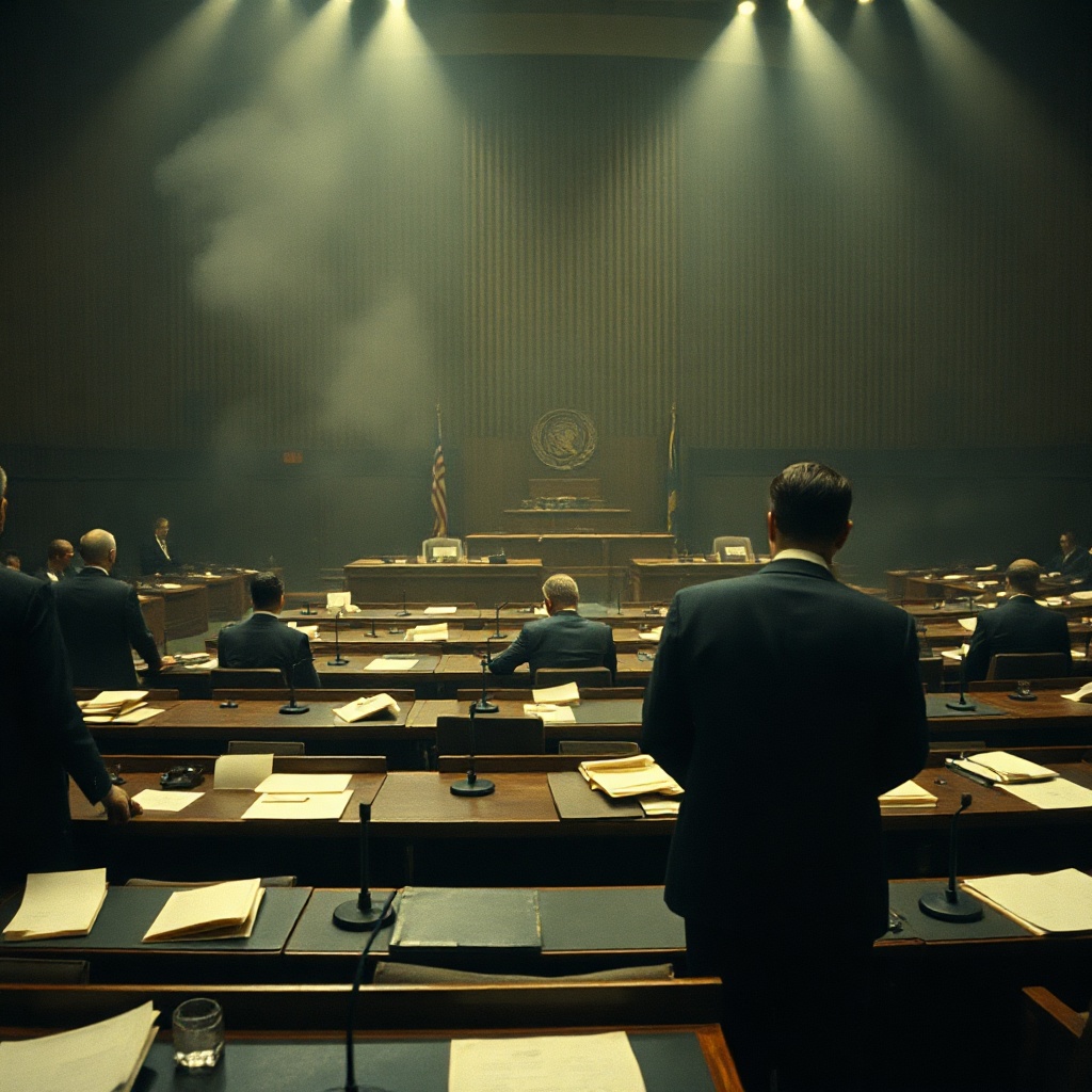 A smoky UN committee chamber in the 1960s, rows of desks with scattered papers a