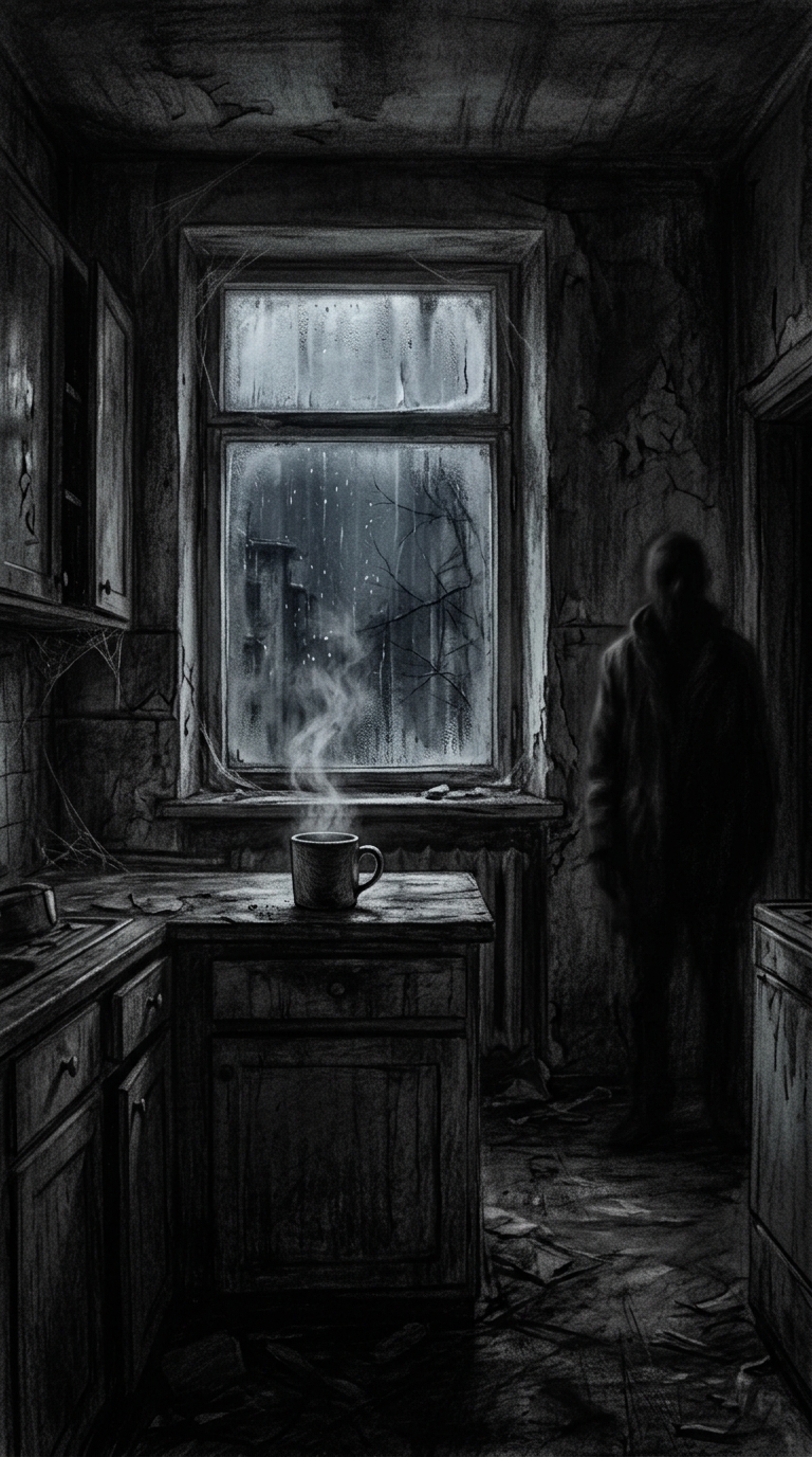 A dimly lit kitchen, a fogged-up window prominently visible, a single mug of ste