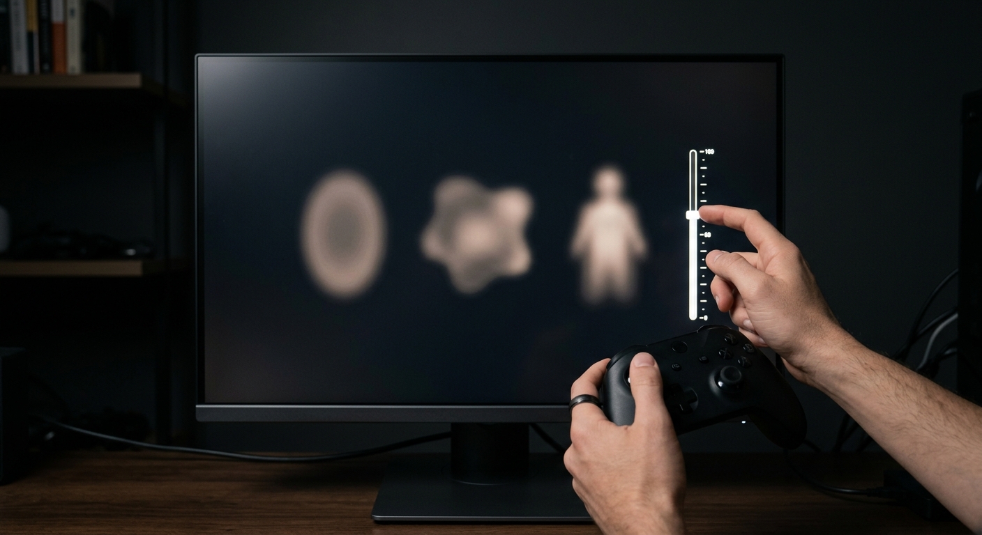 A minimalist calibration screen on a monitor showing three ghostly shapes fading