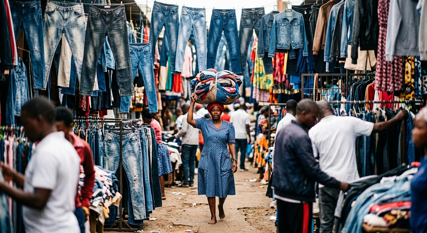 A bustling open air market lane packed with hanging jeans and jackets, a woman b