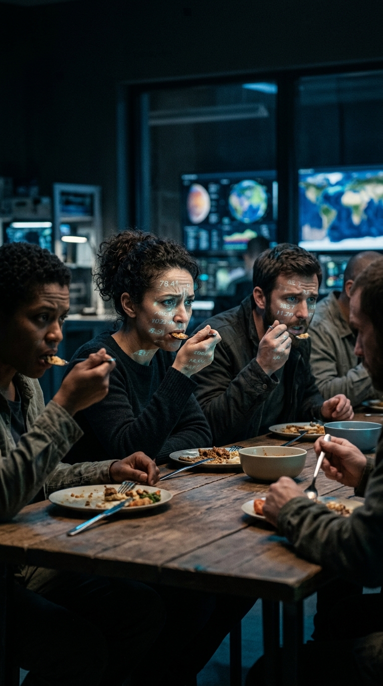 Cinematic science visualization, realistic but dramatic, a dinner table scene wi