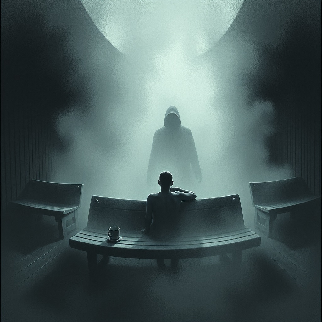 Dark charcoal horror illustration, dense sauna steam filling the room, a blurred