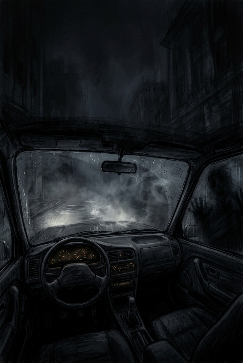 A claustrophobic view from inside the car, headlights illuminating only the empt