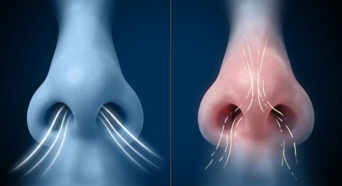 A clean split-screen style visual of two nostrils viewed front-on, one wide open