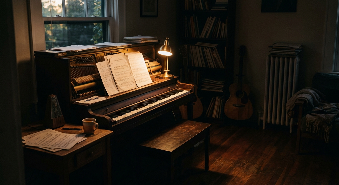 A dim practice room with a piano lid half-open, a small desk lamp glowing beside