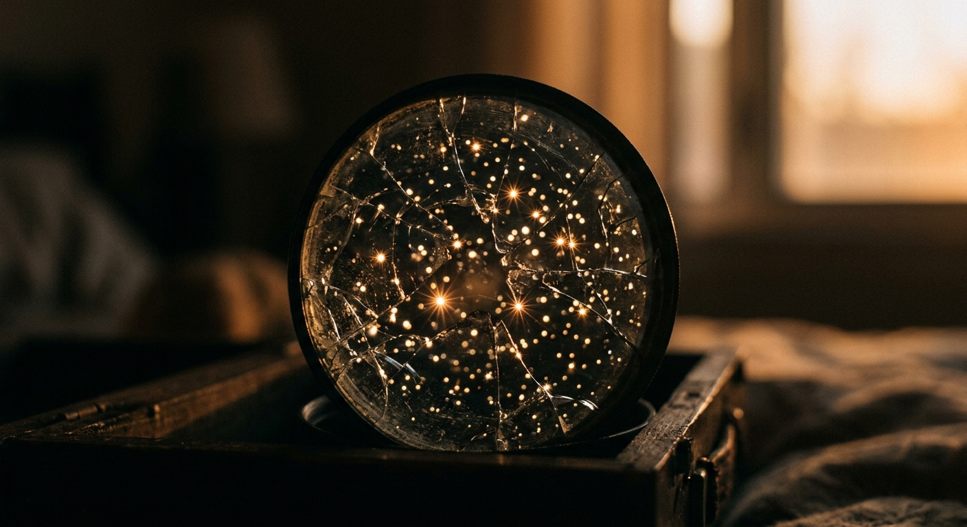 Close-up of a cracked glass lens catching starlike reflections, shallow depth of