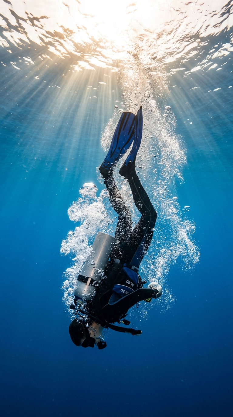 Underwater view looking up as a diver completes the backward roll, bubbles risin