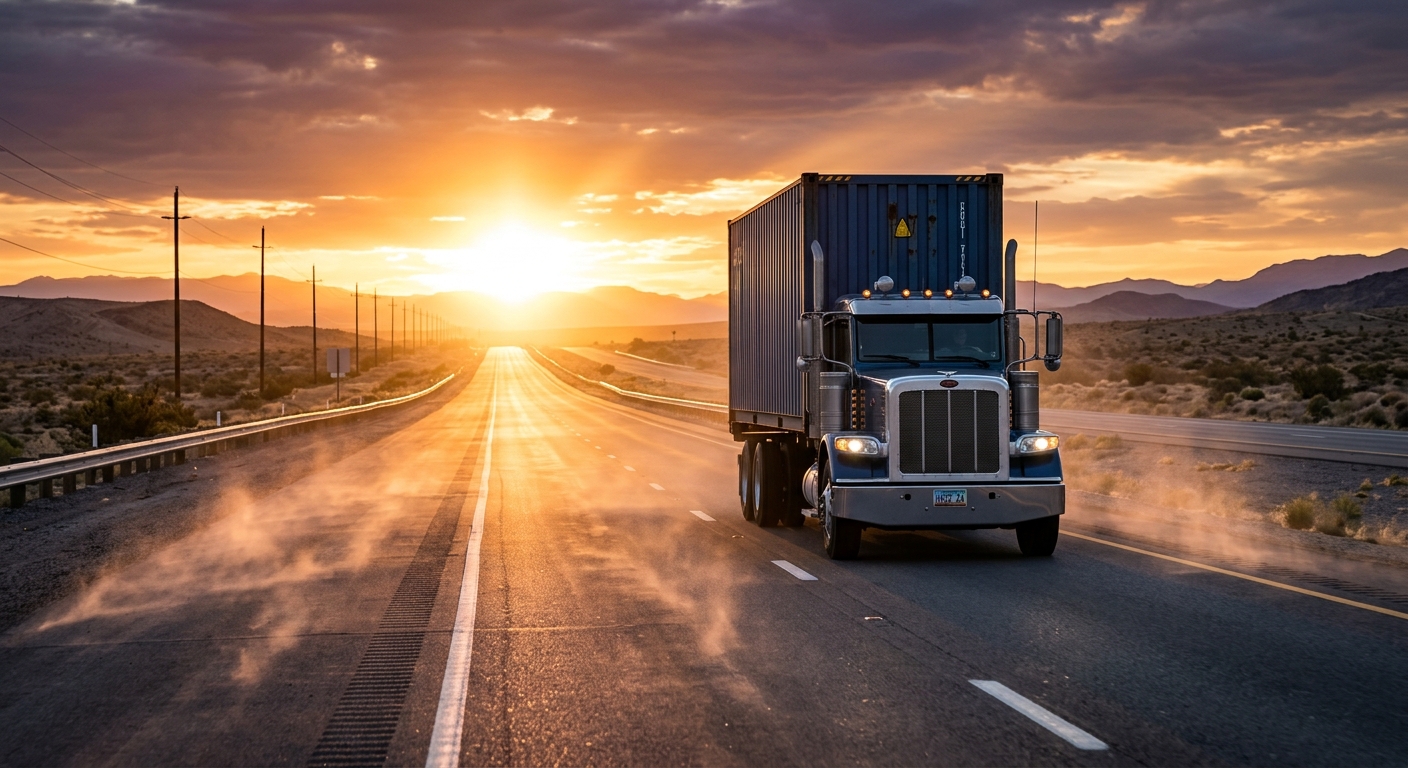 A semi-truck on a highway at sunrise carrying a generic shipping container, heat