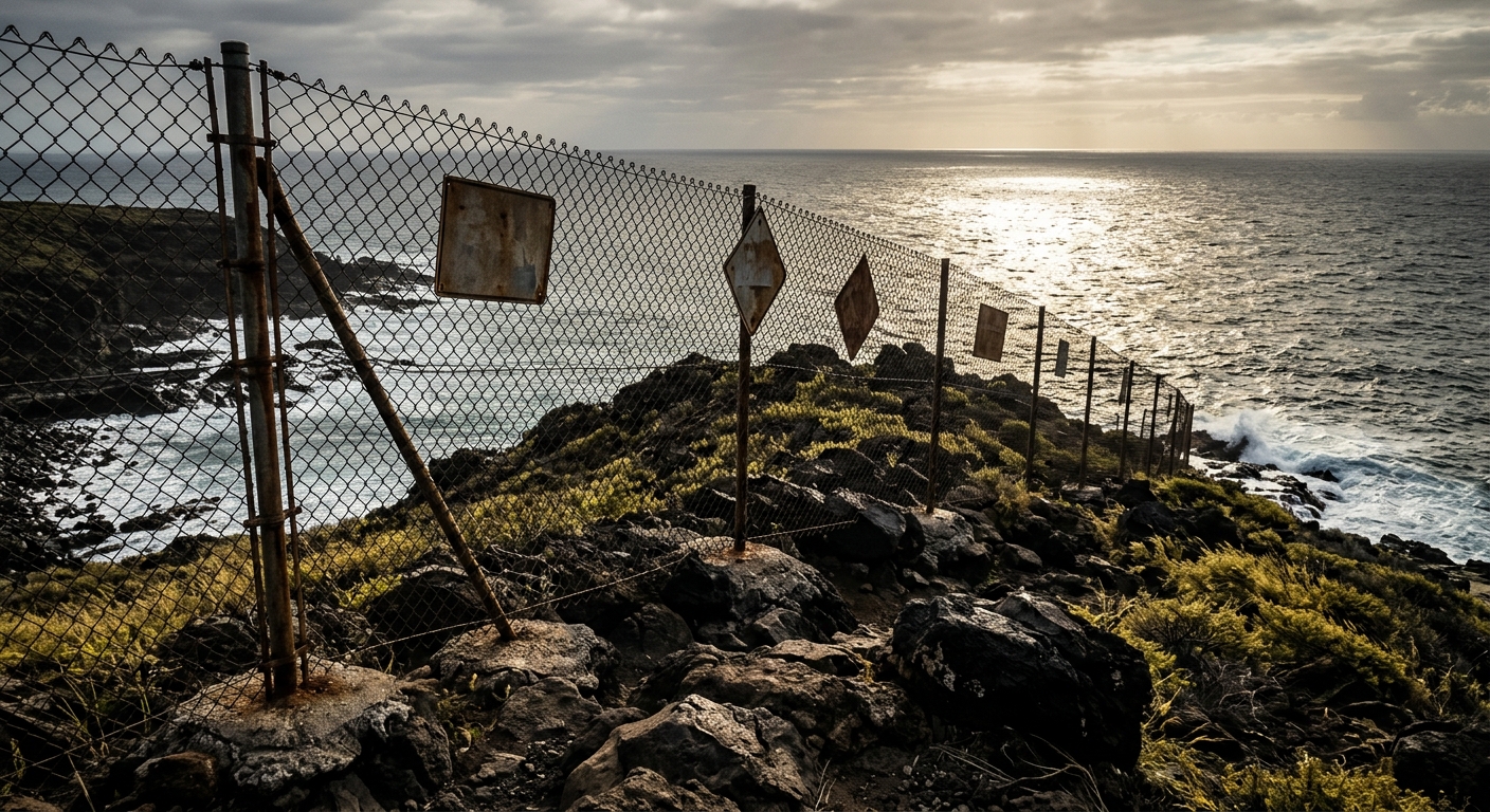 A dramatic wide shot of a chain-link fence cutting across a rocky coastal landsc