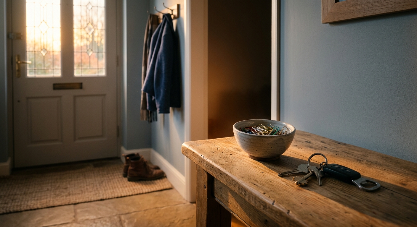 A small entryway at sunrise with a tidy bowl of paperclips, a keyring beside it,