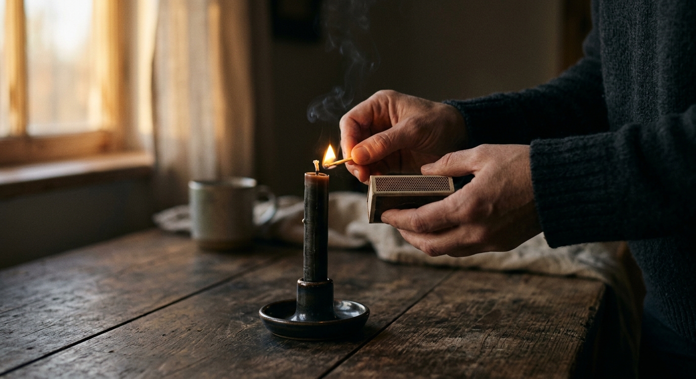 A close-up of hands striking a match near a candle on a wooden table, shallow de